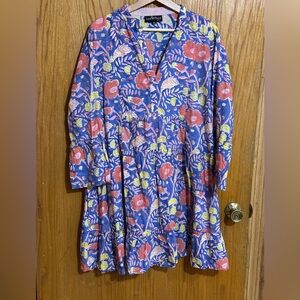 Liza Byrd Blue Floral Tiered Dress with Coral and Yellow Flowers